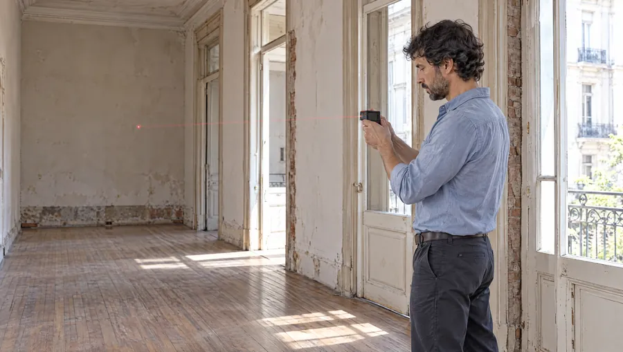 El Arquitecto de Estudio TREO mide con un medidor láser el salón vacío de una casa chorizo antes de la demolición, mirando la pantalla del equipo